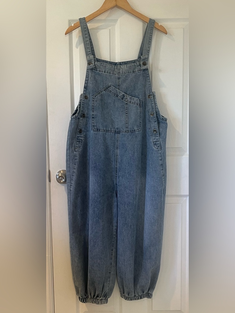 Women's Baggy Denim Overalls - Wide Elastic Hem - One Size